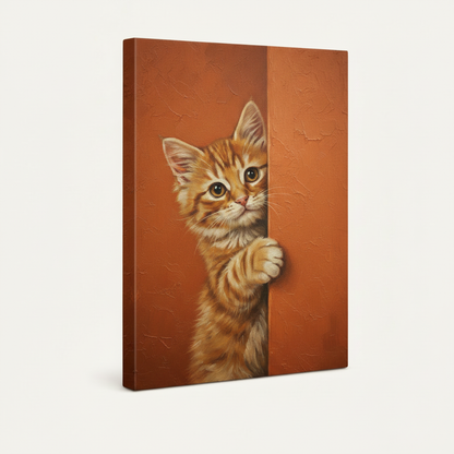 Stretched canvas side view of peeking kitten painting – terracotta background cute cat wall art by Aurewall