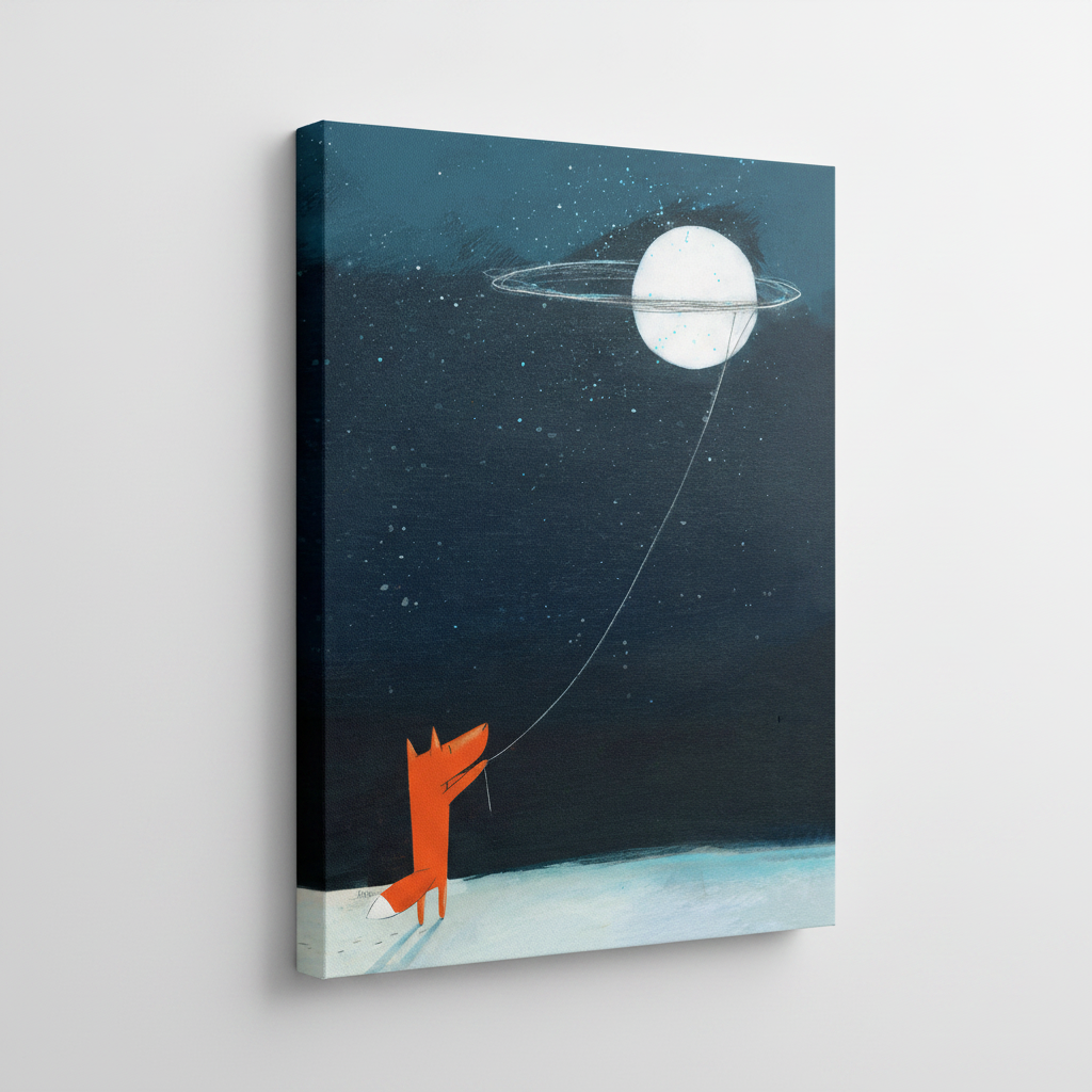 Minimalist fox moon stretched canvas print – unframed Nordic night illustration with shooting star and deep blue winter sky by Aurewall
