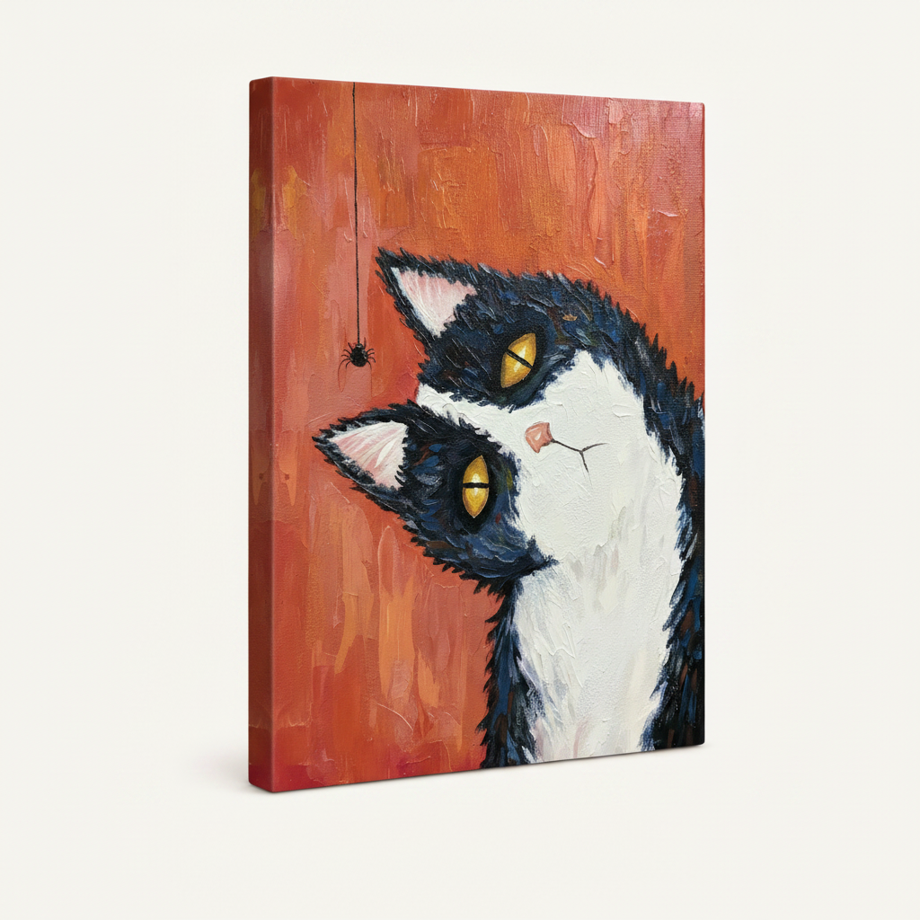 Gallery wrap canvas of whimsical tuxedo cat spider oil painting shown at angle on white background