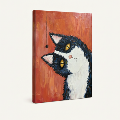 Gallery wrap canvas of whimsical tuxedo cat spider oil painting shown at angle on white background
