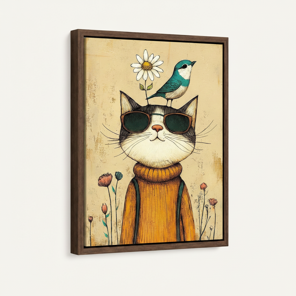 Whimsical cat canvas in dark walnut floater frame – 45-degree side view showing frame depth