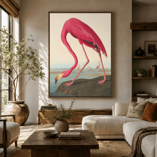 Large pink flamingo canvas wall art in bright neutral living room above console