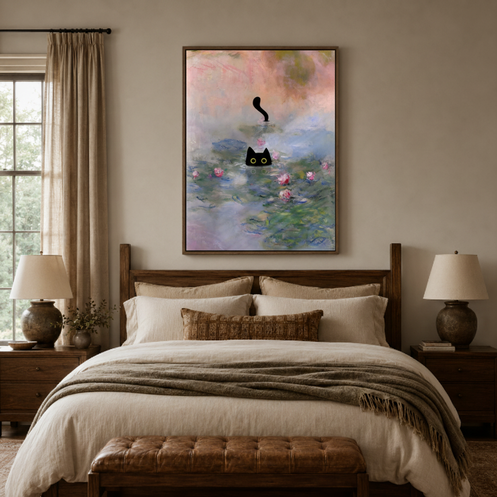 Black cat Monet garden canvas wall art bedroom detail – close-up of impressionist oil painting showing black cat face and soft purple water lily pond brushwork by Aurewall