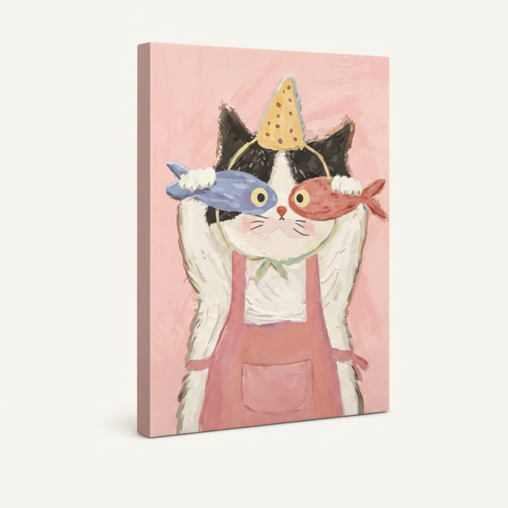 Gallery wrapped canvas of tuxedo cat with fish, soft pink painted sides, angled product view on off-white background
