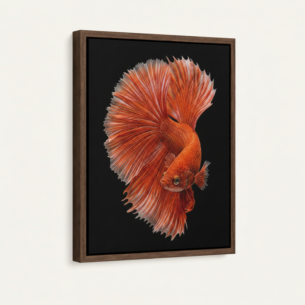 Side angle of float-framed betta fish canvas showing walnut wood frame detail against white wall