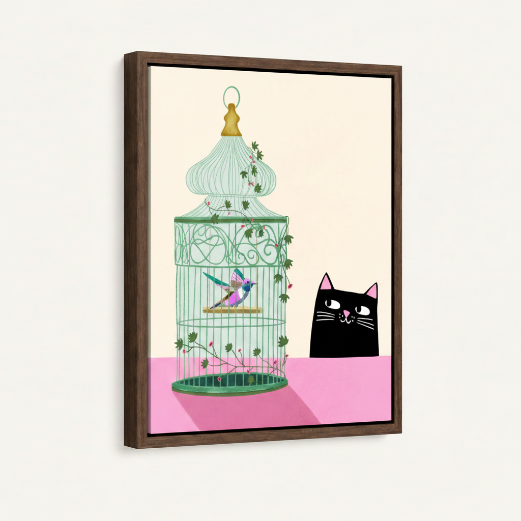 Black cat birdcage whimsical canvas art in dark walnut float frame, angled product view on white background