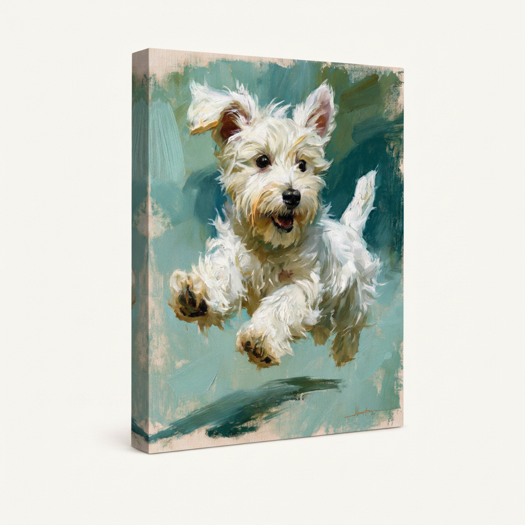 Gallery wrap canvas of jumping Westie dog oil painting shown at angle on clean white background