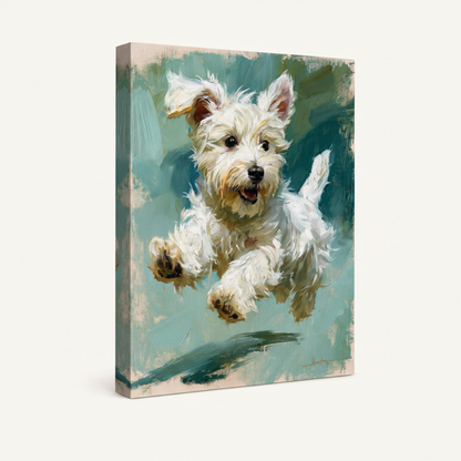 Gallery wrap canvas of jumping Westie dog oil painting shown at angle on clean white background