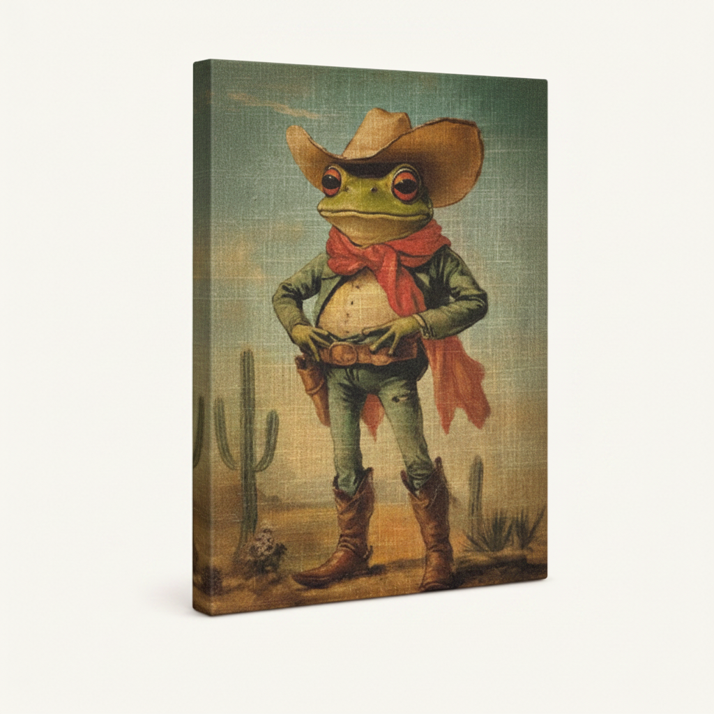 Funny cowboy frog stretched canvas print – unframed Western oil painting with frog in cowboy outfit against cactus desert backdrop by Aurewall