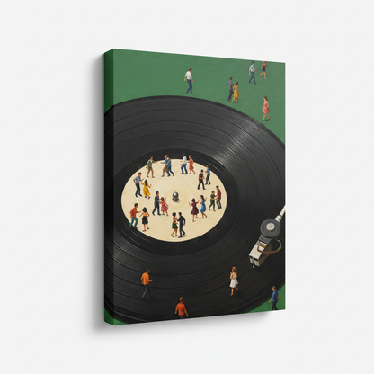 Gallery wrap canvas of vinyl record dance party surrealist illustration shown at angle on white background