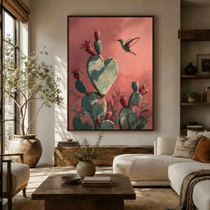 Cactus hummingbird canvas wall art in living room – Southwest botanical oil painting with pink sky and heart cactus displayed as bold statement piece above sofa by Aurewall