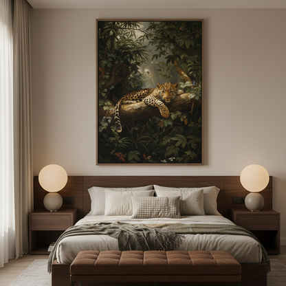 Dark jungle leopard canvas print in bedroom – classic wildlife oil painting with spotted leopard above bed by Aurewall