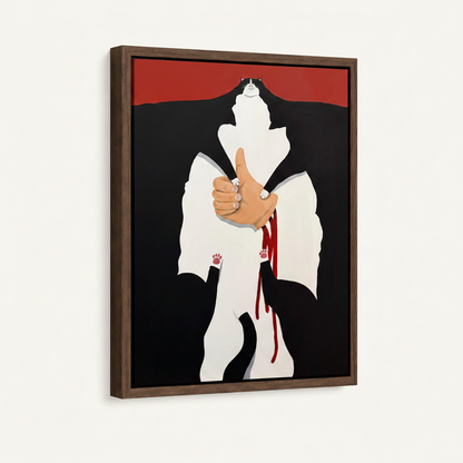 Framed canvas wall art featuring thumbs-up tuxedo cat, dark walnut float frame, angled view