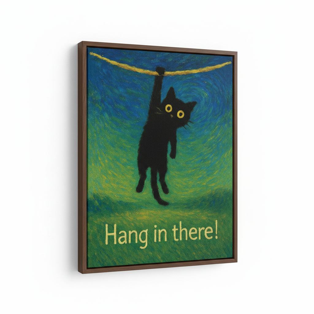 Framed black cat whimsical canvas wall art – "Hang in There" oil painting style by Aurewall