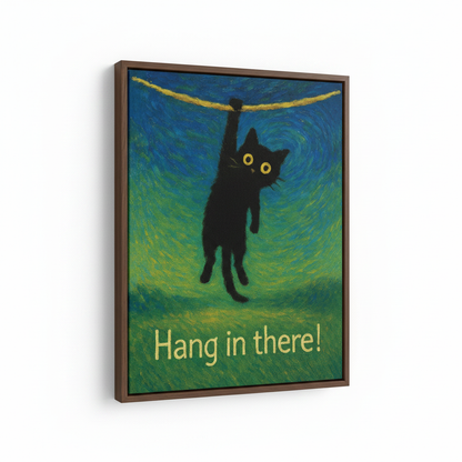 Framed black cat whimsical canvas wall art – "Hang in There" oil painting style by Aurewall