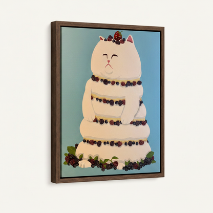 Dark walnut floater framed cat cake canvas, angled product view on white background