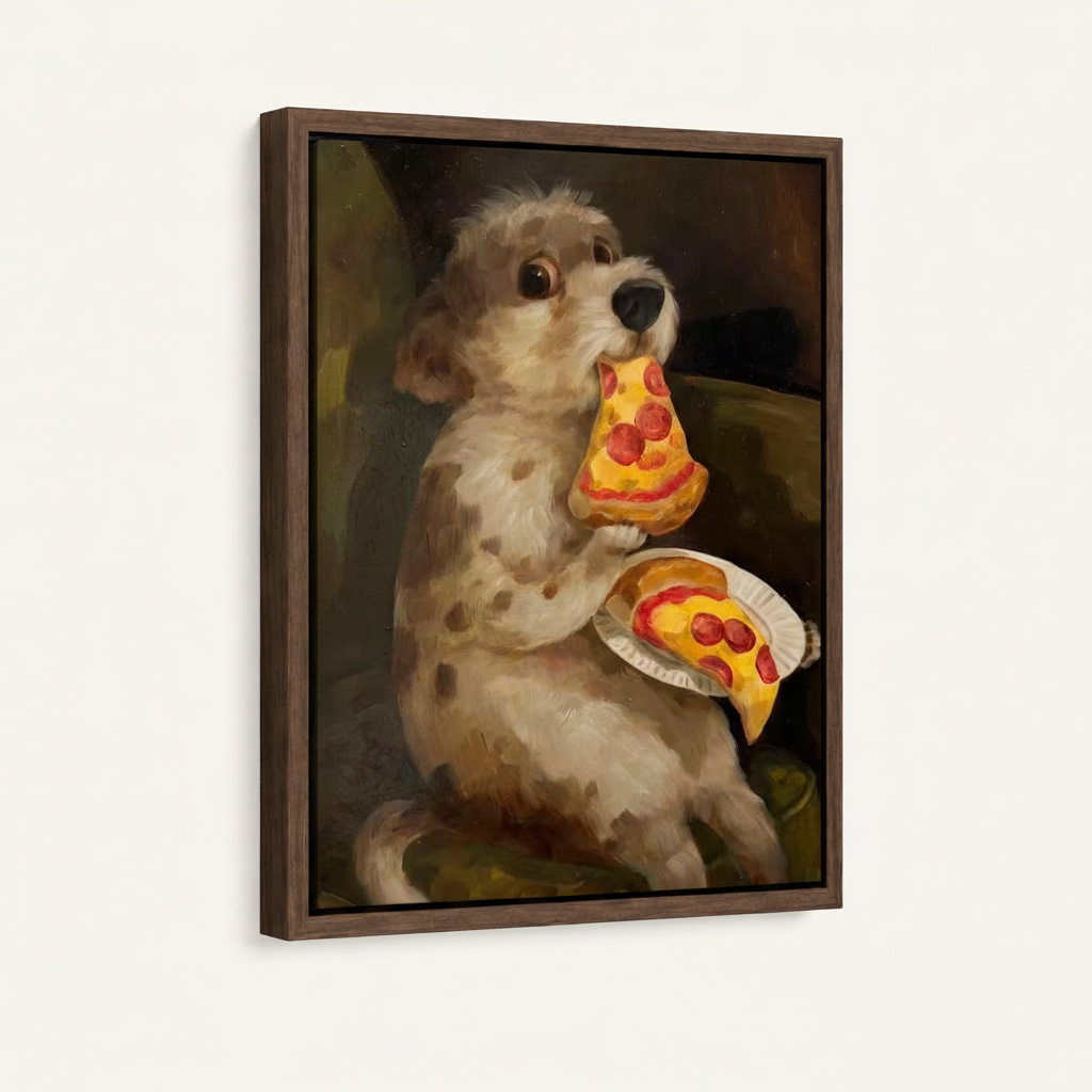 Funny dog oil painting in dark walnut floating frame, angled product view on white background