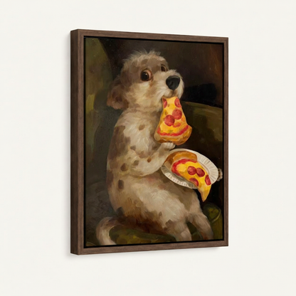 Funny dog oil painting in dark walnut floating frame, angled product view on white background