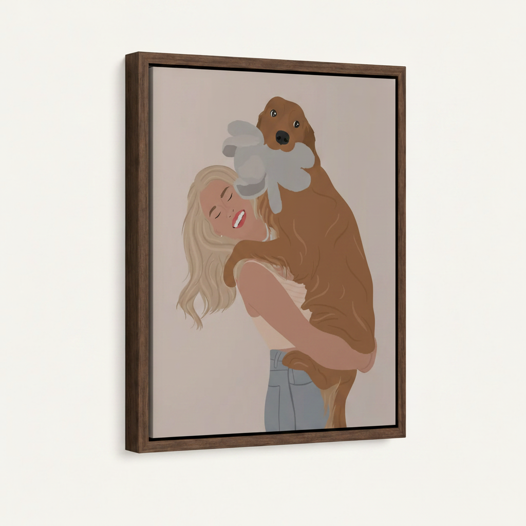 Framed girl and dog hug canvas in dark walnut floater frame shown at 3/4 angle on white background
