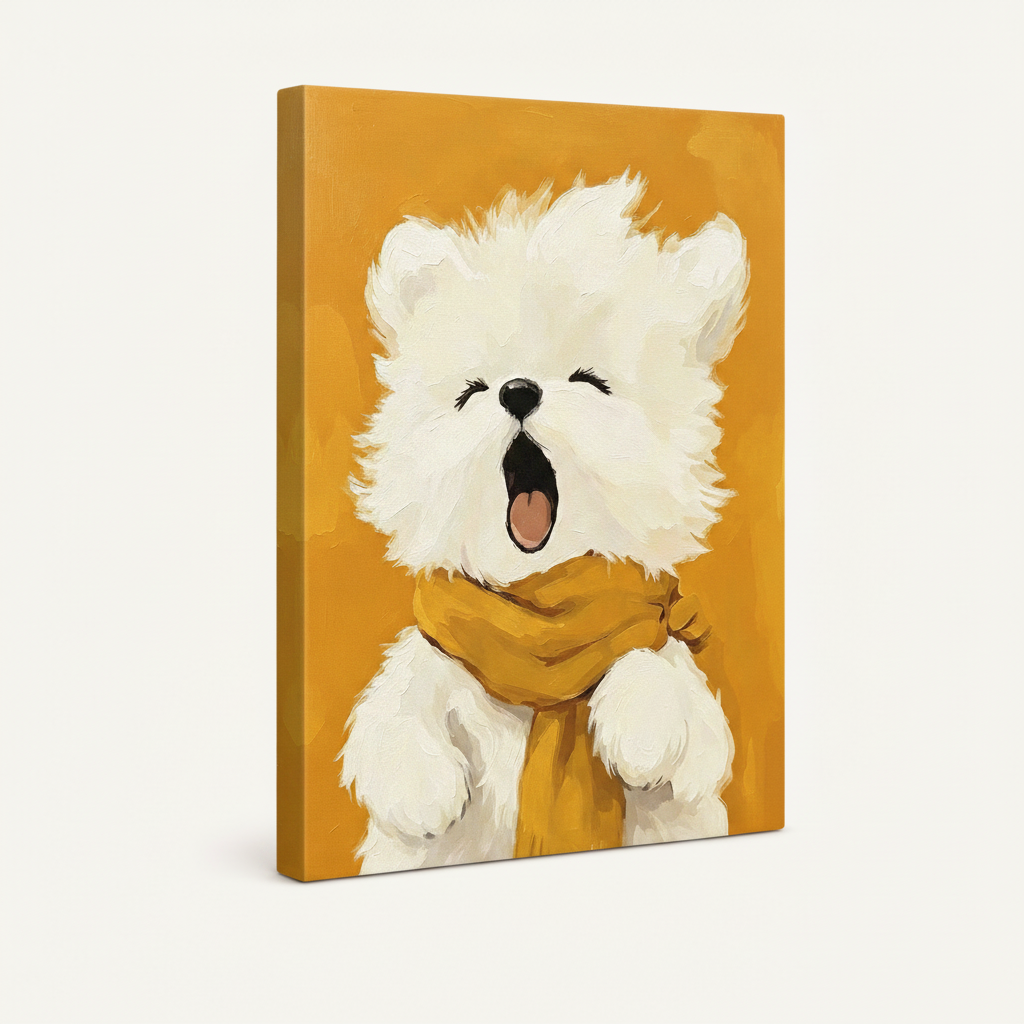 Gallery wrap canvas of fluffy white dog yawning in golden scarf, 3/4 angle product view