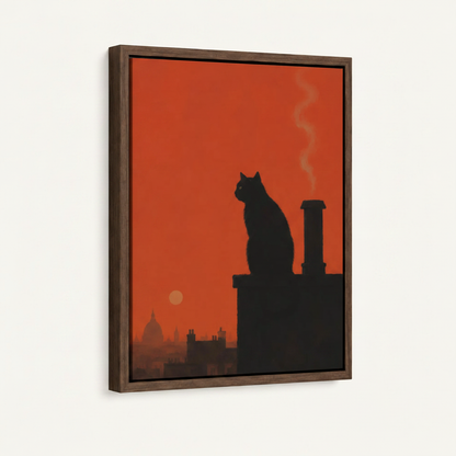 Vintage black cat sunset canvas art in dark walnut float frame, angled product view on white background