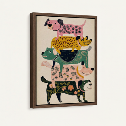 Dark walnut float frame canvas print with folk art stacked dogs, 3/4 product view