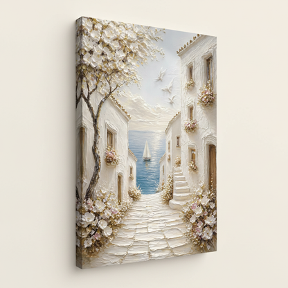 European village street stretched canvas print – unframed impressionist oil painting with cobblestone lane white walls and blooming trees by Aurewall