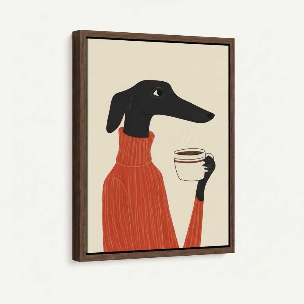 Greyhound coffee art in dark walnut float frame, 3/4 angle product shot on clean off-white background
