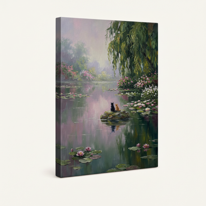 Impressionist lotus lake stretched canvas print – unframed Monet-style oil painting with boat on misty water and trailing willow by Aurewall