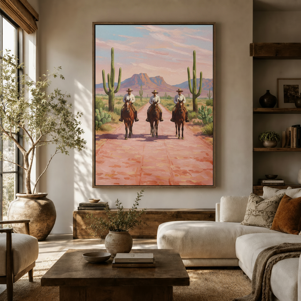 Large western desert cowboy canvas wall art in bright neutral living room