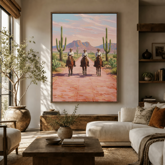 Large western desert cowboy canvas wall art in bright neutral living room