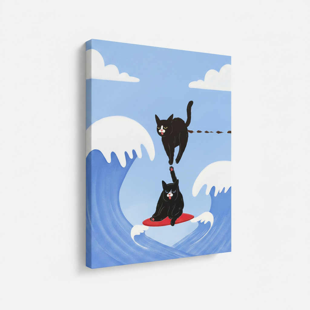 Funny surfing cat stretched canvas print – unframed ocean illustration with black cat balancing on red surfboard and crashing waves by Aurewall