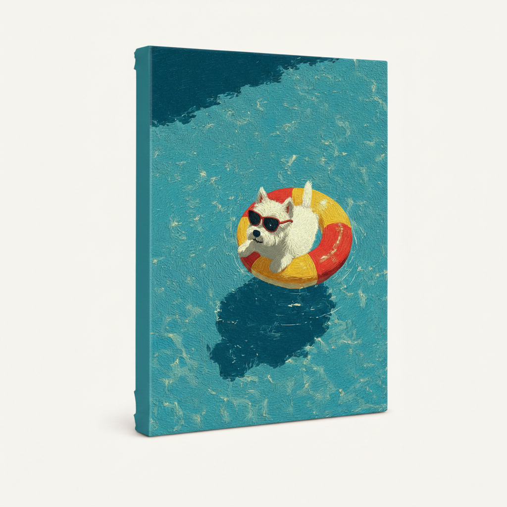 Gallery wrap canvas of white dog floating in turquoise pool, 3/4 angle product view