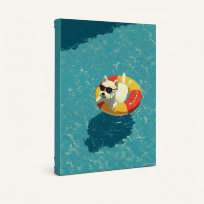 Gallery wrap canvas of white dog floating in turquoise pool, 3/4 angle product view