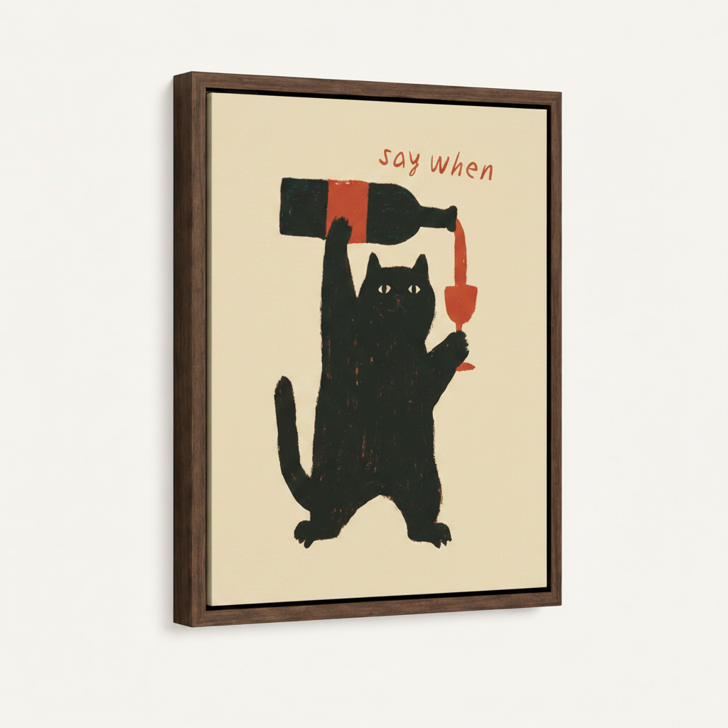 Black cat wine art in dark walnut float frame, 3/4 angle product shot on off-white background