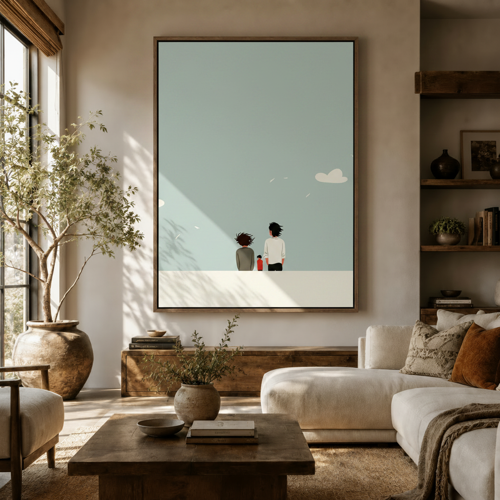 Minimalist family framed canvas art displayed in modern living room above sideboard