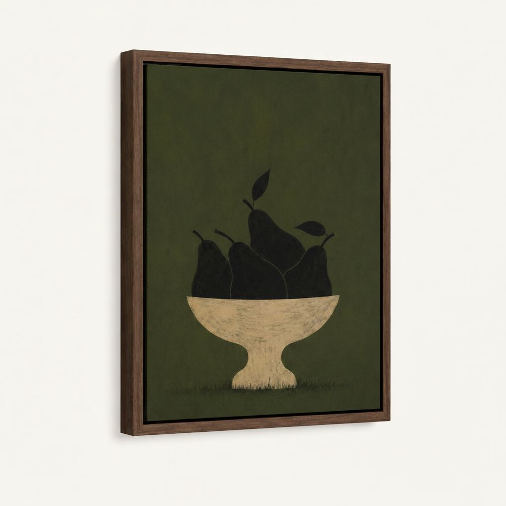 Dark pears minimalist canvas in dark walnut float frame at 3/4 angle on white background