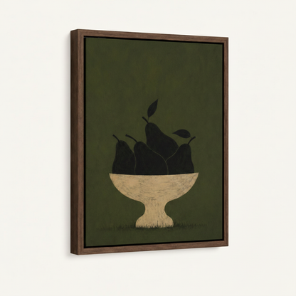 Dark pears minimalist canvas in dark walnut float frame at 3/4 angle on white background
