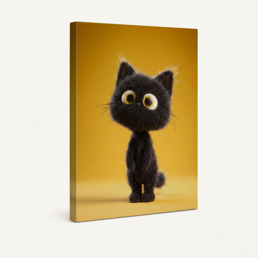 Stretched canvas print of fluffy black kitten with huge round eyes on golden yellow background
