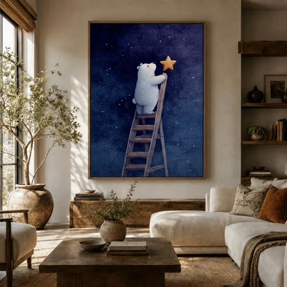Large framed polar bear nursery wall art hanging in modern living room