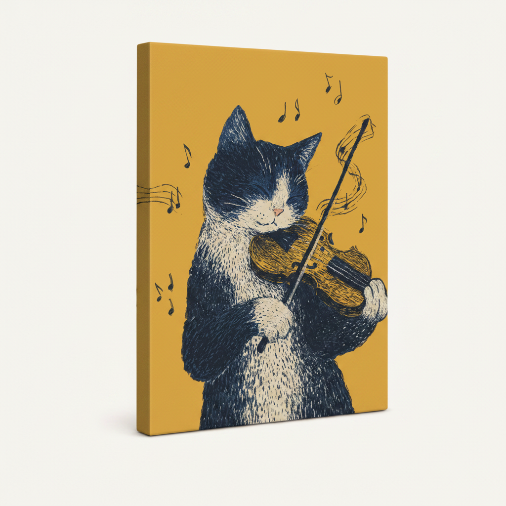 Gallery wrap stretched canvas side view of cat playing violin ink illustration print