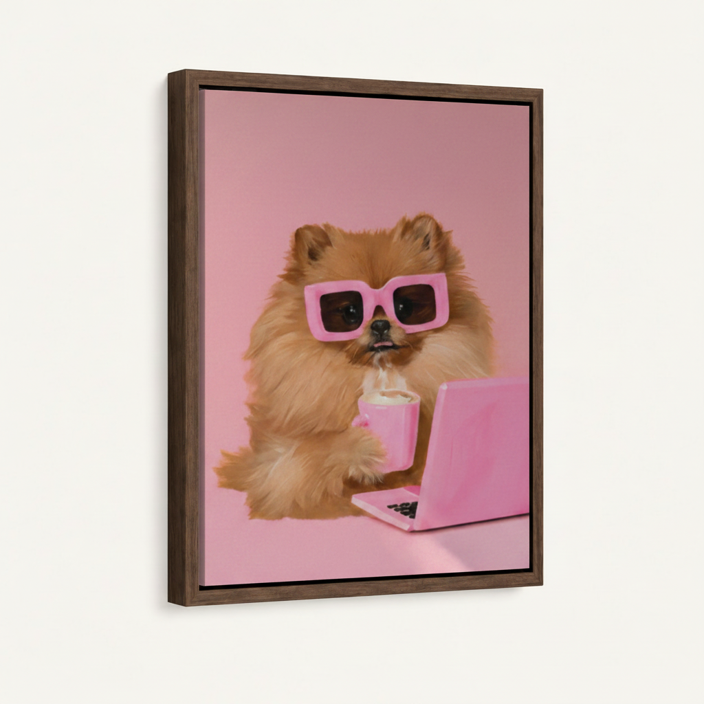 Framed canvas Pomeranian dog with pink sunglasses and laptop shown in left-side perspective