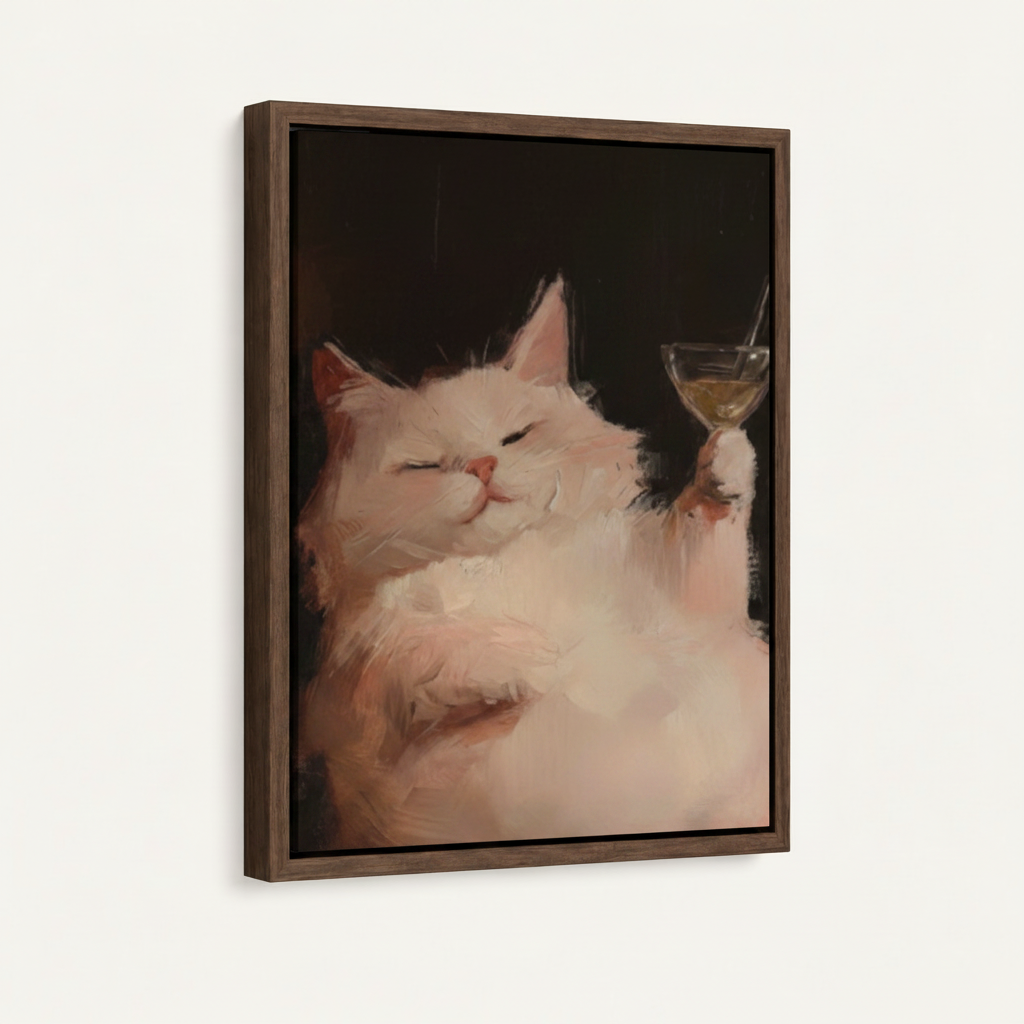White cat holding martini moody canvas in dark walnut float frame, angled product shot on white background