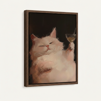 White cat holding martini moody canvas in dark walnut float frame, angled product shot on white background