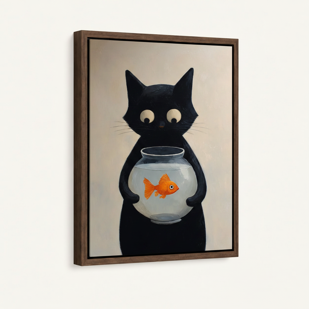 Black cat goldfish bowl dark walnut float frame canvas product shot on white background side angle
