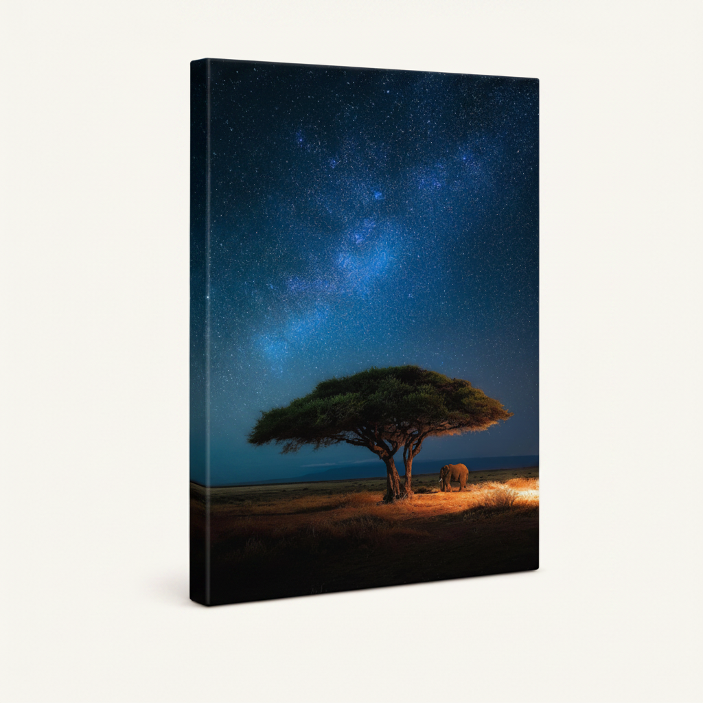 Starry sky African savanna stretched canvas print – unframed night landscape with acacia tree under deep blue Milky Way galaxy by Aurewall