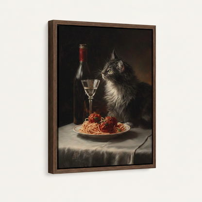 Dark walnut floater frame canvas with cat spaghetti wine still life painting, 3/4 angle on white background