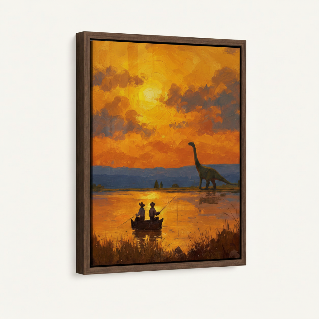 Framed canvas close-up showing two cowboys fishing at golden sunset with dinosaur silhouette