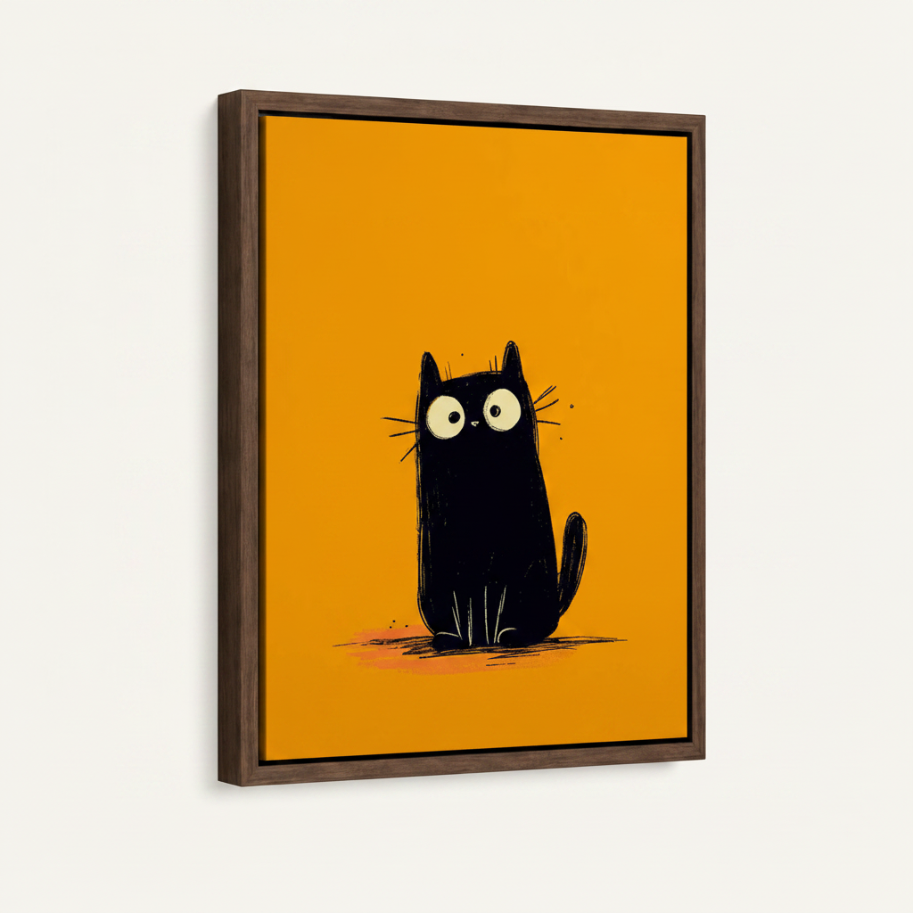 Framed canvas black cat illustration with amber background shown in left-side perspective view