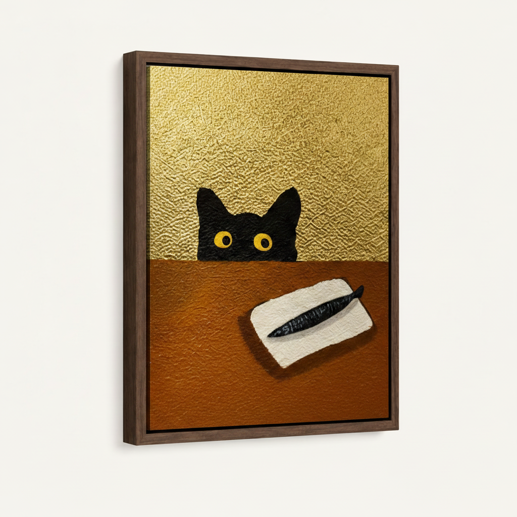 Wide-eyed black cat peeking at sardine, canvas art in dark walnut float frame on white background